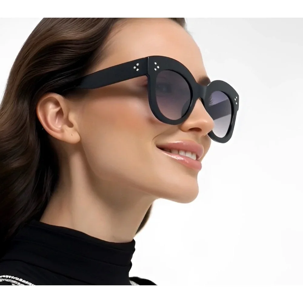 Black Oversized Cat Eye Sunglasses Gradient Smoke Lens‎ Silver Stud Accents NEW